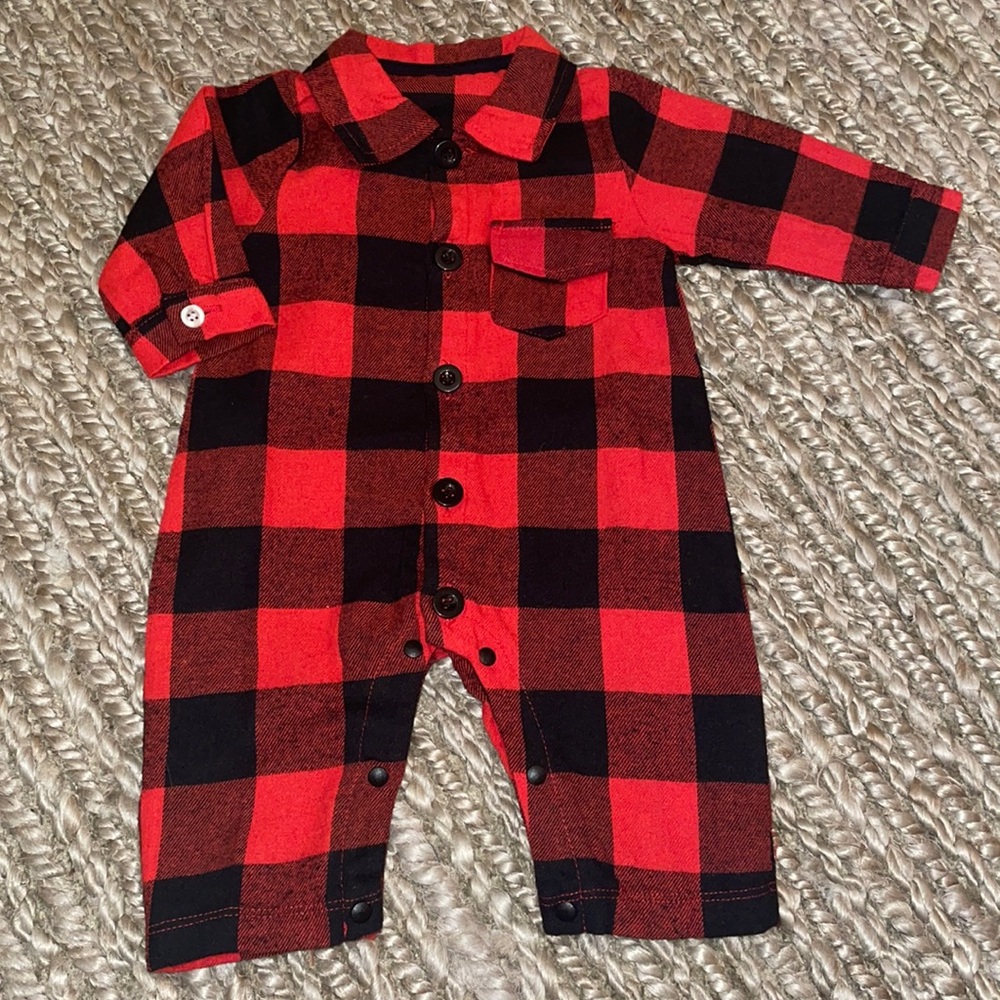 🔵3/$12 Cute Red Buffalo Plaid romper jumpsuit Christmas outfit - Picture 2 of 4